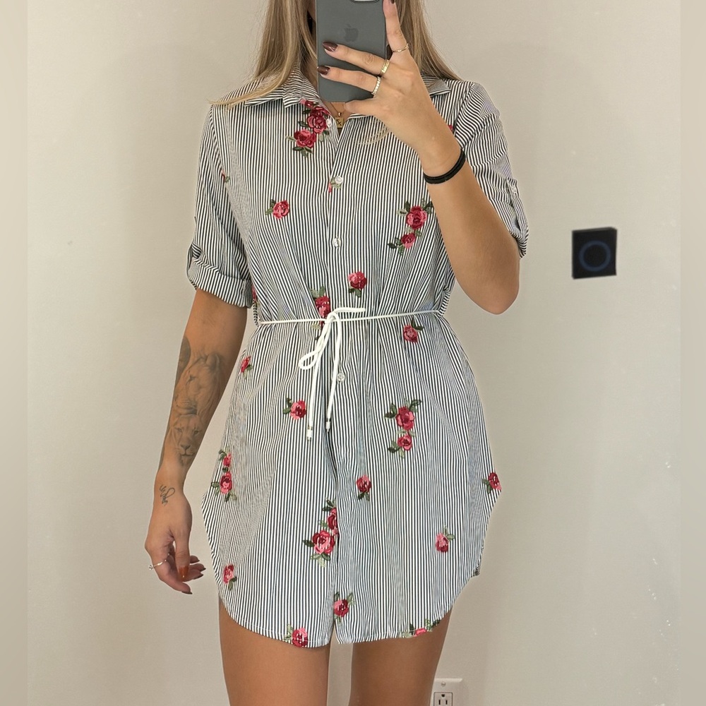 Floral Striped Mini Dress with Tie Waist
